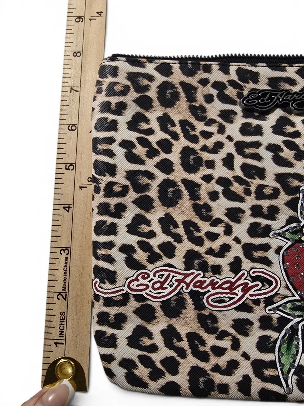 Ed Hardy Cheetah Leopard Print Love Hearts Rhinestone Wristlet NWT